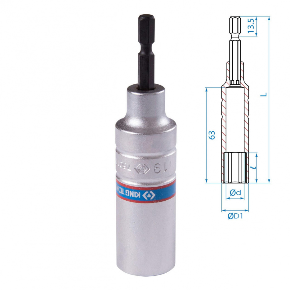 Головка для шуруповерта шестигранная 1/4", 19 мм, L = 110 мм KING TONY 76C1119M